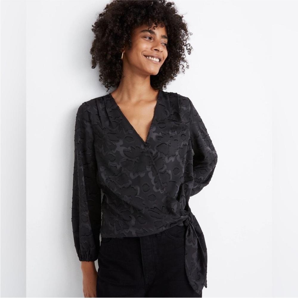 Madewell Black Floral Jacquard Side Tie Wrap Top, Size Medium - Picture 2 of 10